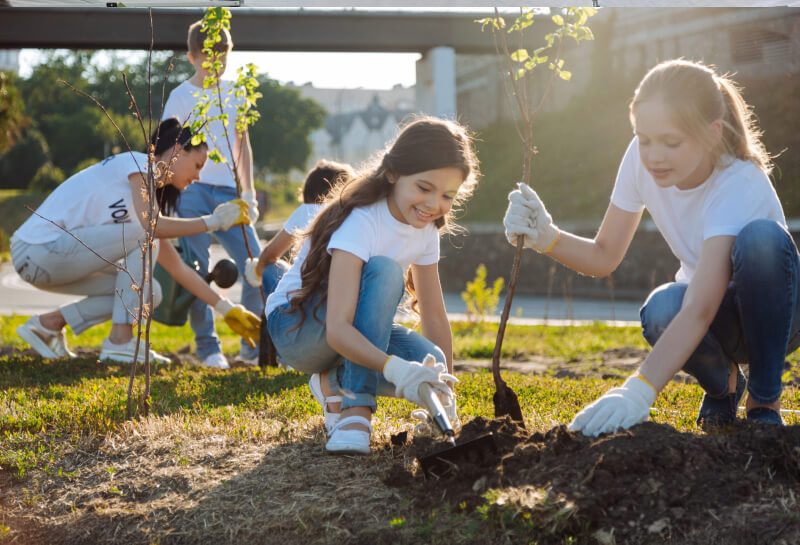 Kids digging in soil and planting seedlings.