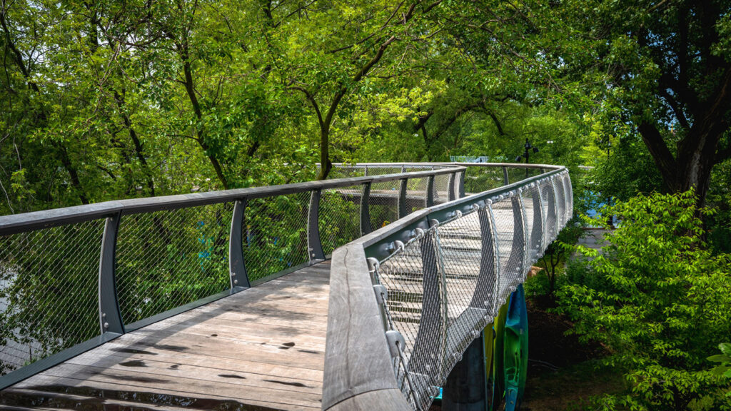 The walking path in downtown Fort Wayne at Promenade Park.